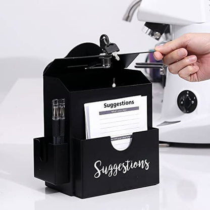 MyGift Suggestion Box with Slot and Lock, Donation Box for Fundraising, Complaint Case with Paper Sheet and Pen Holder Slots,Wall Mounted or Tabletop, Black Metal - color: Black