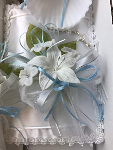 OOKi- Flower Cross Baptism Candle Set Kit for Christenings with Shell - Spanish (Blue) - color: Blue