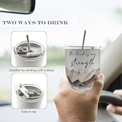 Christian 20oz Travel Coffee Mug Tumbler, Christian Gifts for Women Men, the Lord Is My Strength Bible Verse Mountain Landscape Stainless Steel Tumbler with Lid and Straw - color: strength
