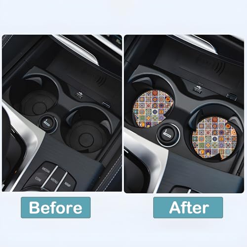 Car Cup Holder Coasters, 2 Pack – 2.75" Universal Auto Anti-Slip Insert Coaster, Rubber Car Coasters, Personalized Car Accessories for Women & Men (Mexican Tiles) - color: Mexican Tiles