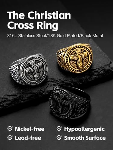 Christian Cross Rings for Men - Stainless Steel Jesus Jewelry with Celtic Knot Sides (Gold/Black/Silver) - Catholic Religious Gift, Size 7-13 - color: D-Silver-Jesus