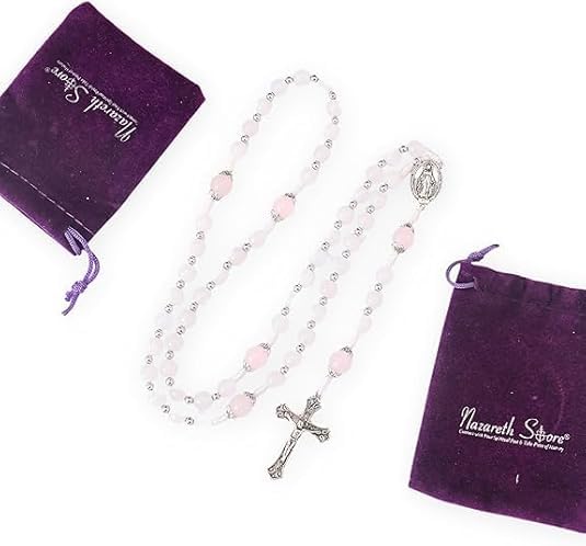 Nazareth Store 8mm White Jade & 10mm Natural Stone Beads Rosary Necklace St. Miraculous Medal & Cross Crucifix Catholic Prayer Beads Religious Jewelry - color: Pink Quartz