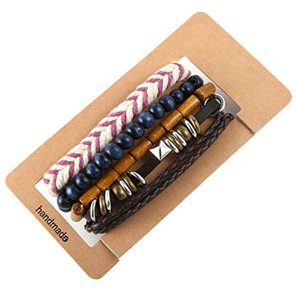 HZMAN Handmade Hemp Cords Wood Beads Leather Bracelets for Men Women - style: Hand-made 4 MIX