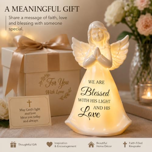 ADAVAS.Y&G Blessed Angel Figurine with LED Light, Ceramic Angel Statue, Inspirational Christian Home Decor, Faith Keepsake, Religious Decoration, Blessed with His Light and Love, Batteries Included - color: White