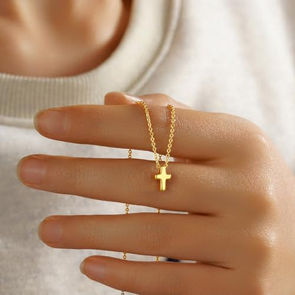 M MOOHAM Cross Necklace for Women Girls, Dainty 14K Gold Plated Cross Pendant Necklace Sideways Cross Choker Layered Necklaces for Women Girls - color: Tiny Cross Gold