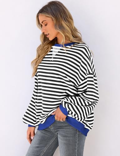 UEU Women Oversized Striped Crewneck Sweatshirt Long Sleeve Casual Pullover - color: Black Striped, size: Medium