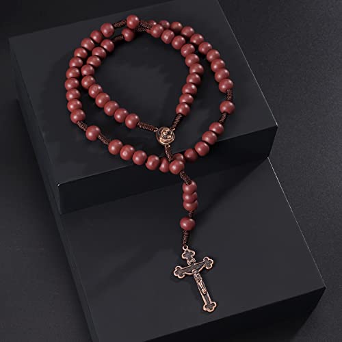10mm Brown Beads Catholic Rosary Handmade Braided Rosaries with Curcifix Cross and Holy Mary Medal Amulet Rosary Beads Necklace for Women Men - color: Reddish