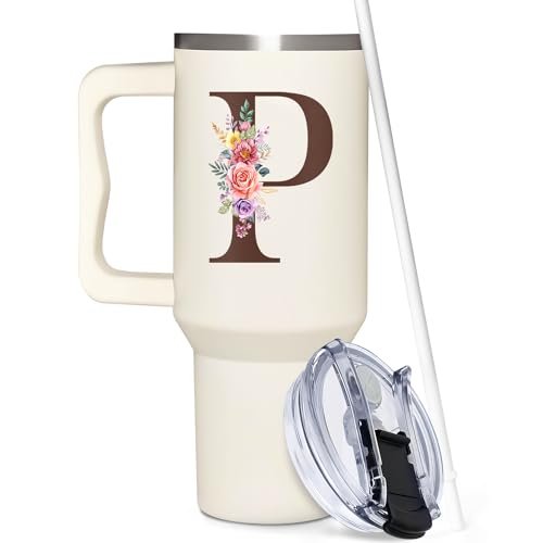 Personalized Gifts for Women, Customized Mother's Day, Birthday, Xmas Gift For Grandma, Mom, Wife, Friends, Sisters, Coworkers, Monogrammed Tumbler 40oz with Lid and Straw - color: P