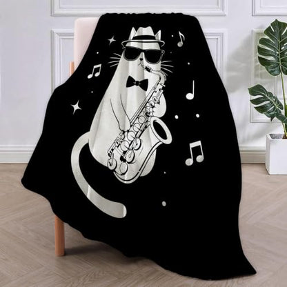 Funny Cat Playing Saxophone Blanket Gifts for Women Kids - color: Funny Cat, size: 60"x80"