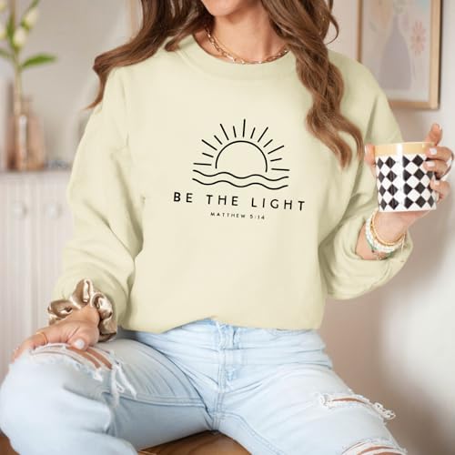 Sulayesh Christian Be The Light Sweatshirts for Women Religious Faith Jesus Bible Verse Graphic Shirts Loose Pullover Tops - color: Apricot, size: Large