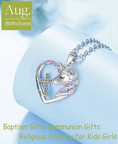 Easter Confirmation First Communion Baptism Gifts for Girls,Cross Birthstone Unicorn Necklaces for Daughter Granddaughter Niece Sister Christian Religious Gifts 16+3 Inches - color: 08.August