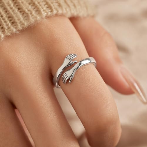 LOVECOM S925 Sterling Silver Hug Rings for Women Teen Girls Mother Daughter - color: Double Hands Hugging, size: US Size 7