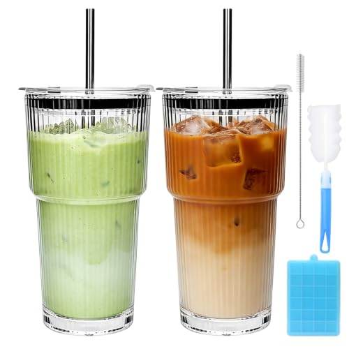 Accguan 2Pack 20oz Ribbed Glass Tumblers with Lids and Straws, Smoothie Cup - size: 18oz without handle-2pcs