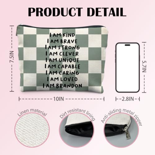 Inspirational Makeup Bag, Affirmation Encouragement Gifts for Women, Sage Green Checkered Cosmetic Bag Canvas Toiletry Zipper Pouch for Women - color: I AM KIND