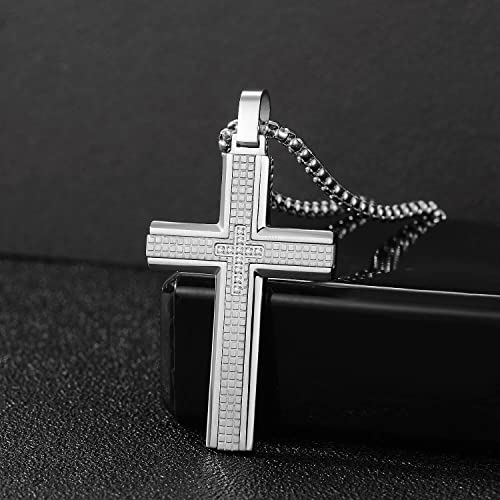Holizaly Men's Cross Necklace 316L Stainless Steel Pendant White/Gold/Black/Blue Rolo Chain-Gift Box Included - color: Silver -A