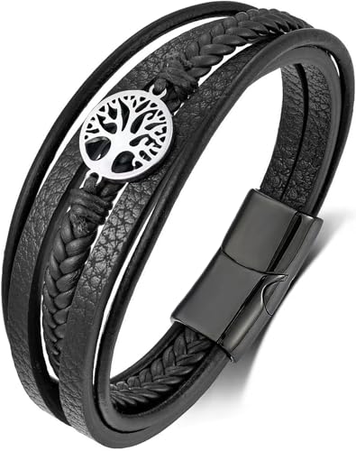 YL Mens Cross Viking Celtic Ankh Odin Compass Life Tree Leather Bracelet, 18K Gold/Black Rhodium Stainless Steel Christian Religious Protection Talisman Brown Cuff Handcrafted Jewelry Gifts - color: 18K White Gold-Life Tree-Black, size: 8.3"(210mm)