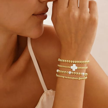 Gold Bracelets for Women Jewelry - Easter Basket Stuffers, Cross/Pearl/Beaded Bracelets Set, Dainty 14K Gold Plated Beaded Bracelets Stack, Birthday Easter Gifts for Women - color: 1Cross+2Bead+1Pearl