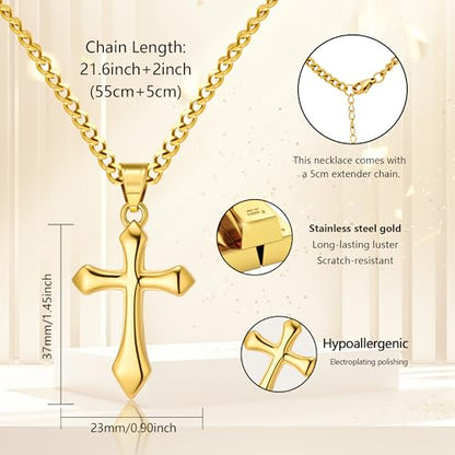ALEXCRAFT Gold Cross Necklace for Men,14K Gold Plated Cross Pendant Necklace Cuban Chain Stainless Steel Cross Necklace Faith Cross Jewelry Gift Minimalist Trendy Pendant Necklaces - color: Gold