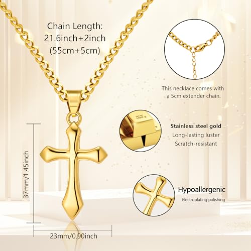 ALEXCRAFT Gold Cross Necklace for Men,14K Gold Plated Cross Pendant Necklace Cuban Chain Stainless Steel Cross Necklace Faith Cross Jewelry Gift Minimalist Trendy Pendant Necklaces - color: Gold