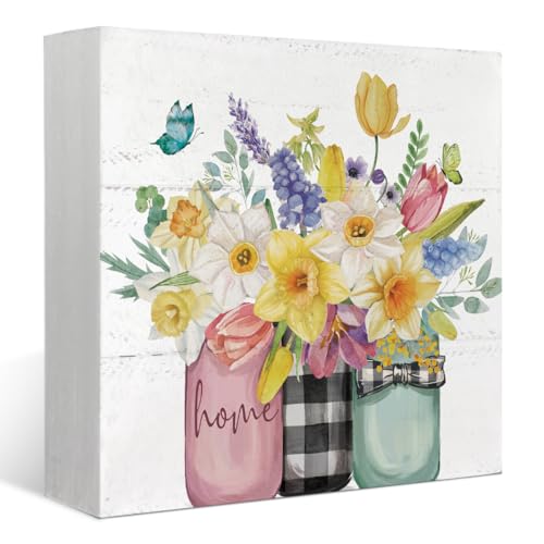 Spring Summer Floral Decor, Home Wooden Sign, Colorful Tulip Flower Decor Wooden Box Sign Decoration for Farmhouse Shelf Table Decoration,Vase with Flowers Prints Sign 5x5 - color: 1-Floral Decor(burlywood)