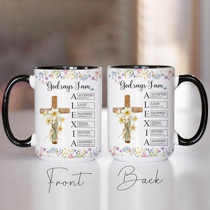 Personalized God Says I Am Mug - Custom Bible Verse Birth Flower Cup - Cross Christian Coffee Mug - Religious Gift for Women - color: GOD-IAM-M5