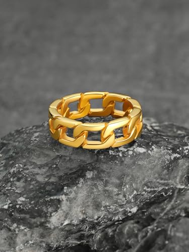 U7 Stainless Steel Mens Rings,7mm Gold/Black/Silver Chain Rings Fidget Spinner Ring Anxiety Ring for Men Women,Size 6-14 - color: Gold