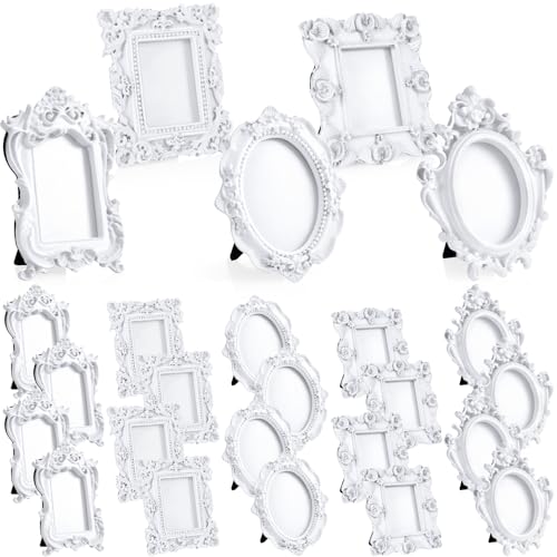 Maitys 25 Pcs Tiny Vintage Picture Frames with Stands Ornate,White - color: White