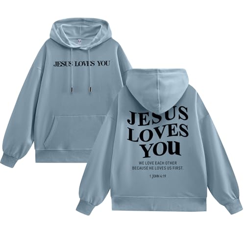 Christian Jesus Loves You Hoodies for Teen Religious Faith Sweatshirts Bible Verse Graphic Youth Hoodie - color: Blue Gray, size: Medium