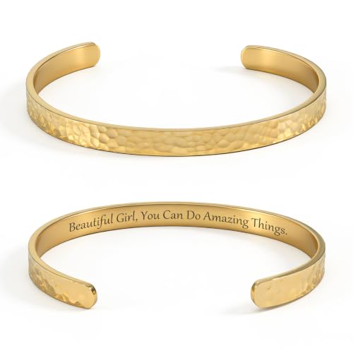 Inspirational Bible Verse Cuff Bracelet for Women, 18K Gold Plated Hammered Bangle, Christian Faith Jewelry Gift, Adjustable Non Tarnish - color: Beautiful g, you can do amazing things.-Hammered Gold
