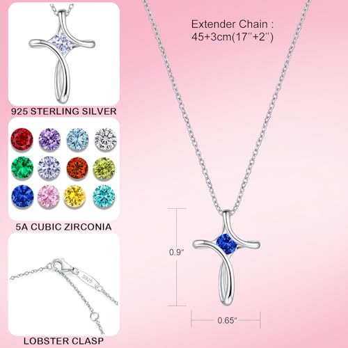 Cross Necklace for Women 925 Sterling Silver Birthstone Necklace for Women - color: 09-Sep-Sapphire