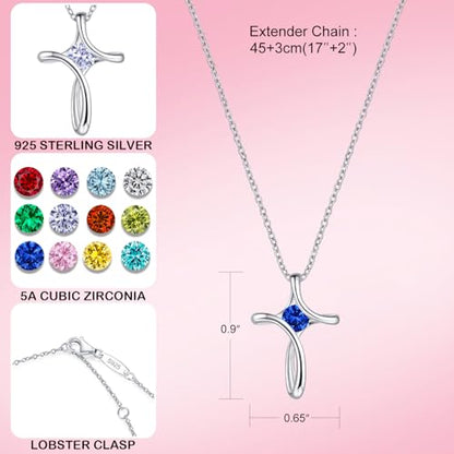 Cross Necklace for Women 925 Sterling Silver Birthstone Necklace for Women - color: 09-Sep-Sapphire