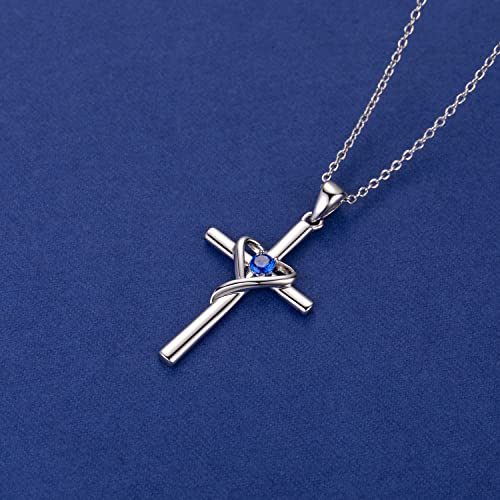 AmorAime 925 Sterling Silver Cross Necklace for Women Men 14K Gold Plated 5A CZ Birthstone Necklaces for Holiday - color: C.Blue-March