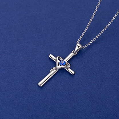 AmorAime 925 Sterling Silver Cross Necklace for Women Men 14K Gold Plated 5A CZ Birthstone Necklaces for Holiday - color: C.Blue-March
