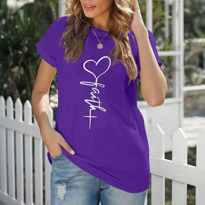 KIEKIECOO Faith Christian Shirts for Women Religious Crewneck Tshirts Cotton Graphic Tees Bible Verse Casual Summer Tops - color: Purple, size: Small
