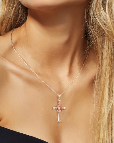 ACECHA Silver Cross Necklace for Women, Crosses Pendant with Birthflower - color: White Silver-Rose