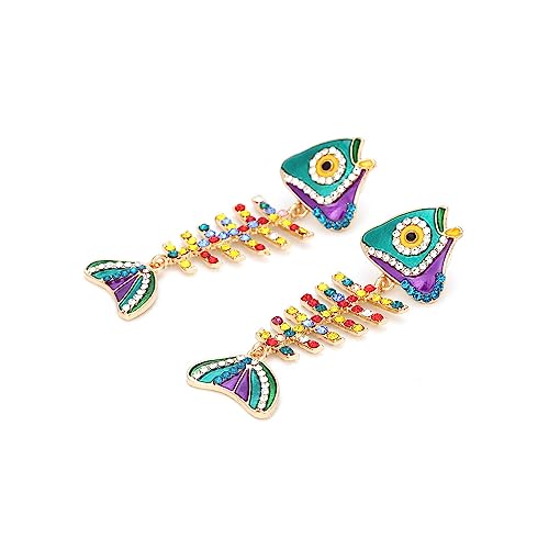 Fish Bone Earrings Drip Oil Animal Earrings Colorful Crystal Sparkly Enamel Earrings Creative Long Fishbone Earstud Dangle Fish Drop Earrings Jewelry for Women - color: Colours