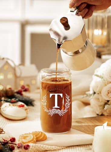 Personalized Gifts for Women, Monogrammed 16oz Glass Cups with Bamboo Lids and Straws, Customized Glass Tumbler, Cute Custom Mug, Customizable Initial Iced Coffee Glasses, Birthday Bridesmaid Mom, T - style: T