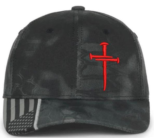 Christian Cross Baseball Cap, Religious Sacred Nails Design, Typhoon CAMO HAT with RED Embroidered Design and Free 4" Window Decal.