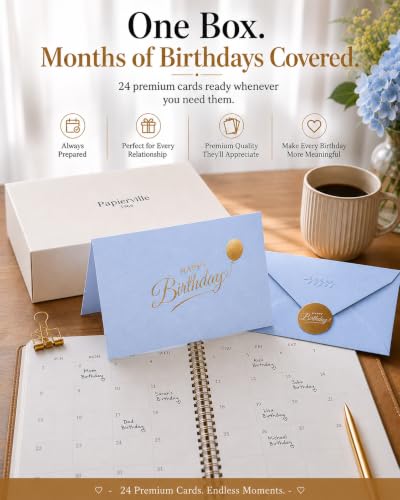 Happy Birthday Cards with Envelopes and Stickers, 24 Pack, Dusty Blue Greeting Cards with Gold Foil Balloon Design, Elegant Birthday Card Set for Friends, Family, Clients (Dusty Blue) - color: Dusty Blue