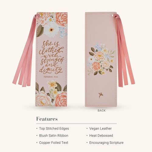 Christian Art Gifts Premium Faux Leather Bookmark: Strength & Dignity - color: Pink Floral/Strength & Dignity