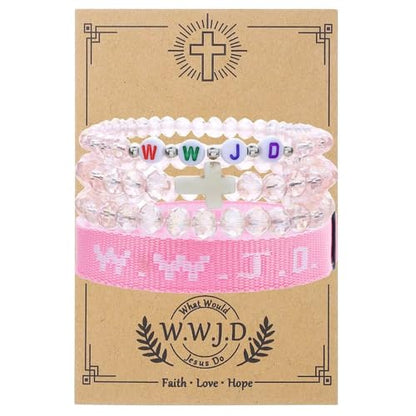 WWJD Bracelets Set WWJD Wristbands Christian Cross Bracelet Stackable Clay Bead Bracelets Stretch Glass Beaded Inspirational Christian Jewelry Gift for Couples Women Men - color: 4 Pcs Pink