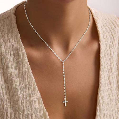 925 Sterling Silver Dainty Cross Lariat Necklace for Women - color: Silver