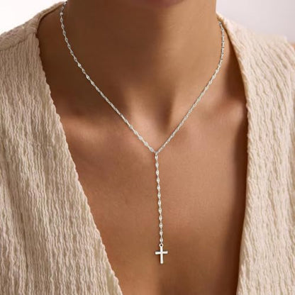 925 Sterling Silver Dainty Cross Lariat Necklace for Women - color: Silver