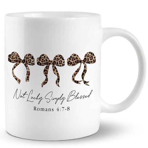 Preppy Coquette Bow Christian Mug, Trendy Leopard Bow Girly Coffee Mug Ceramic, Bible Verse Coffee Mug, Not Lucky Simply Blessed Mug Christian Gifts for Women - color: bless