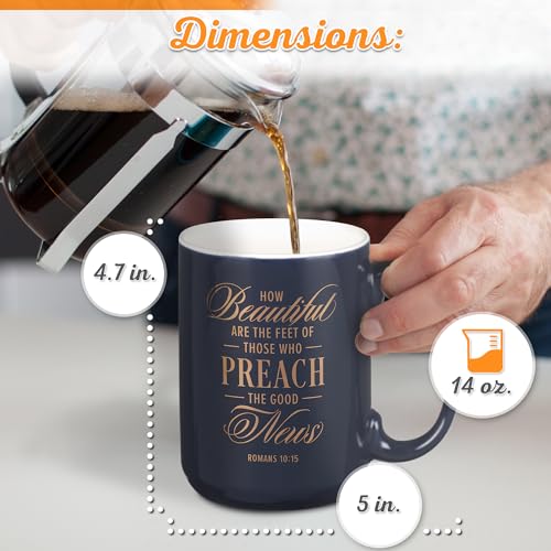 Christian Art Gifts Large Matted Ceramic Coffee & Tea Mug for Pastors: Preach the Good News Golden Inspirational Scripture, Lead & Cadmium-free Sturdy Novelty Mens Drinkware, Navy Blue & White, 14 oz. - color: Navy Blue/Pastor