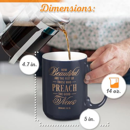 Christian Art Gifts Large Matted Ceramic Coffee & Tea Mug for Pastors: Preach the Good News Golden Inspirational Scripture, Lead & Cadmium-free Sturdy Novelty Mens Drinkware, Navy Blue & White, 14 oz. - color: Navy Blue/Pastor