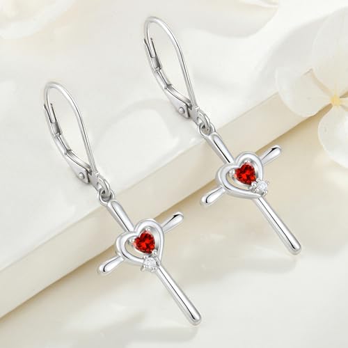 Cross Earrings 925 Sterling Silver Opal Crucifix Dangle Drop Earring Heart Birthstone Religious Jewelry for Women - color: 07-ruby-Jul