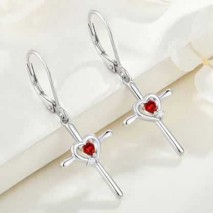 Cross Earrings 925 Sterling Silver Opal Crucifix Dangle Drop Earring Heart Birthstone Religious Jewelry for Women - color: 07-ruby-Jul