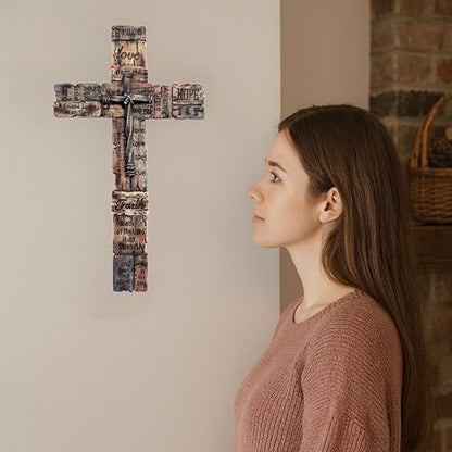Top Brass Inspirational Rustic Wood-Look Wall Cross with Faux Iron Center – Resin Scripture Cross - Religious Sayings Jesus Art Sculpture