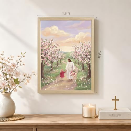 Dynazo Wood Framed Jesus and Child Walking Wall Art, Christian Nursery Wall Decor, Inspirational Religious Faith Poster Print, Floral Spring Artwork for Church Grils Bedroom Kids Room 12x16 Inch - color: LittleGirl, size: 16"L x 12"W